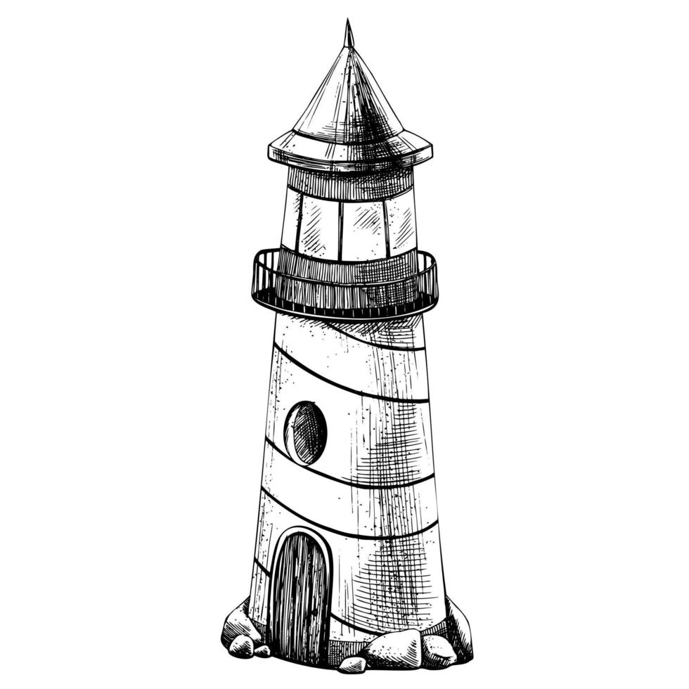 Sea lighthouse with stones. Isolated object drawn by hand in graphic technique. Vector illustration for summer, nautical and beach decoration and design.