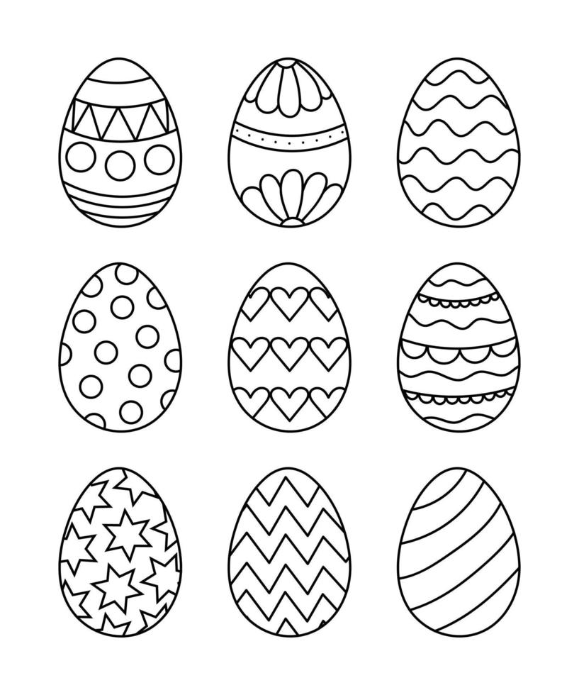 Hand drawn vector illustration isolated on white background. Easter eggs coloring page for children.