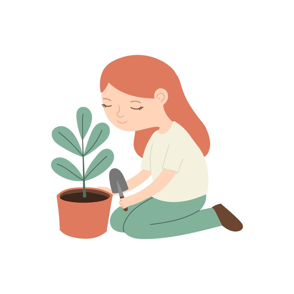 Vector illustration isolated on white background. Cute girl planting a flower in a pot, gardening, spring seedling.