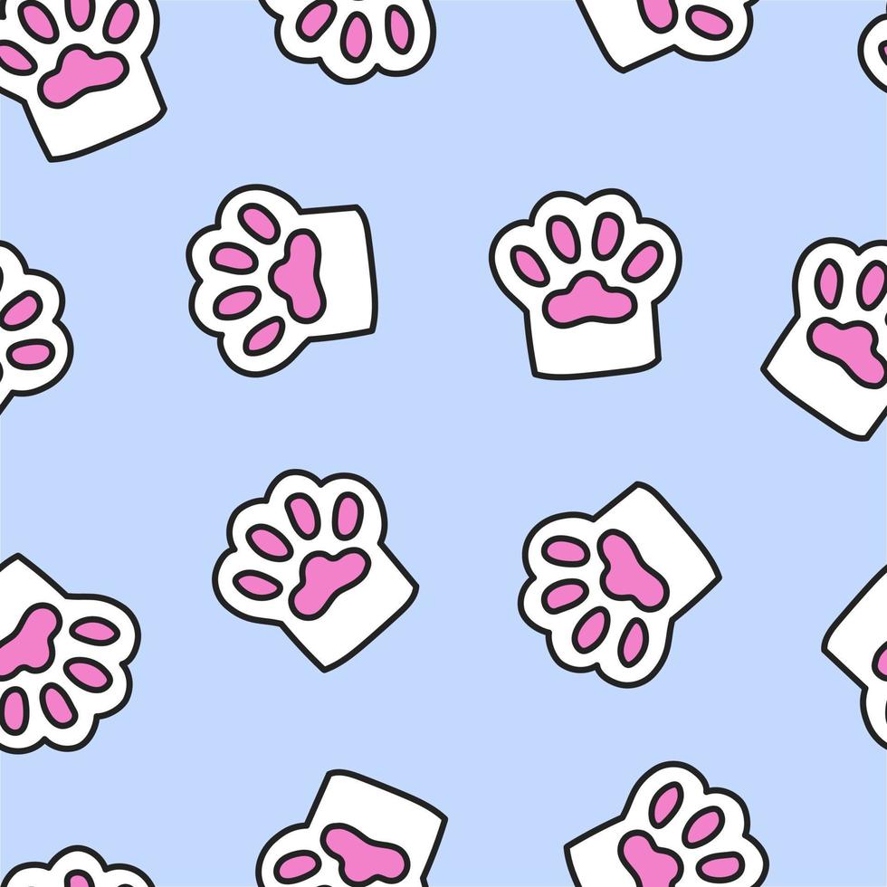 Seamless pattern white cat paws on a blue background. Love for pets. vector