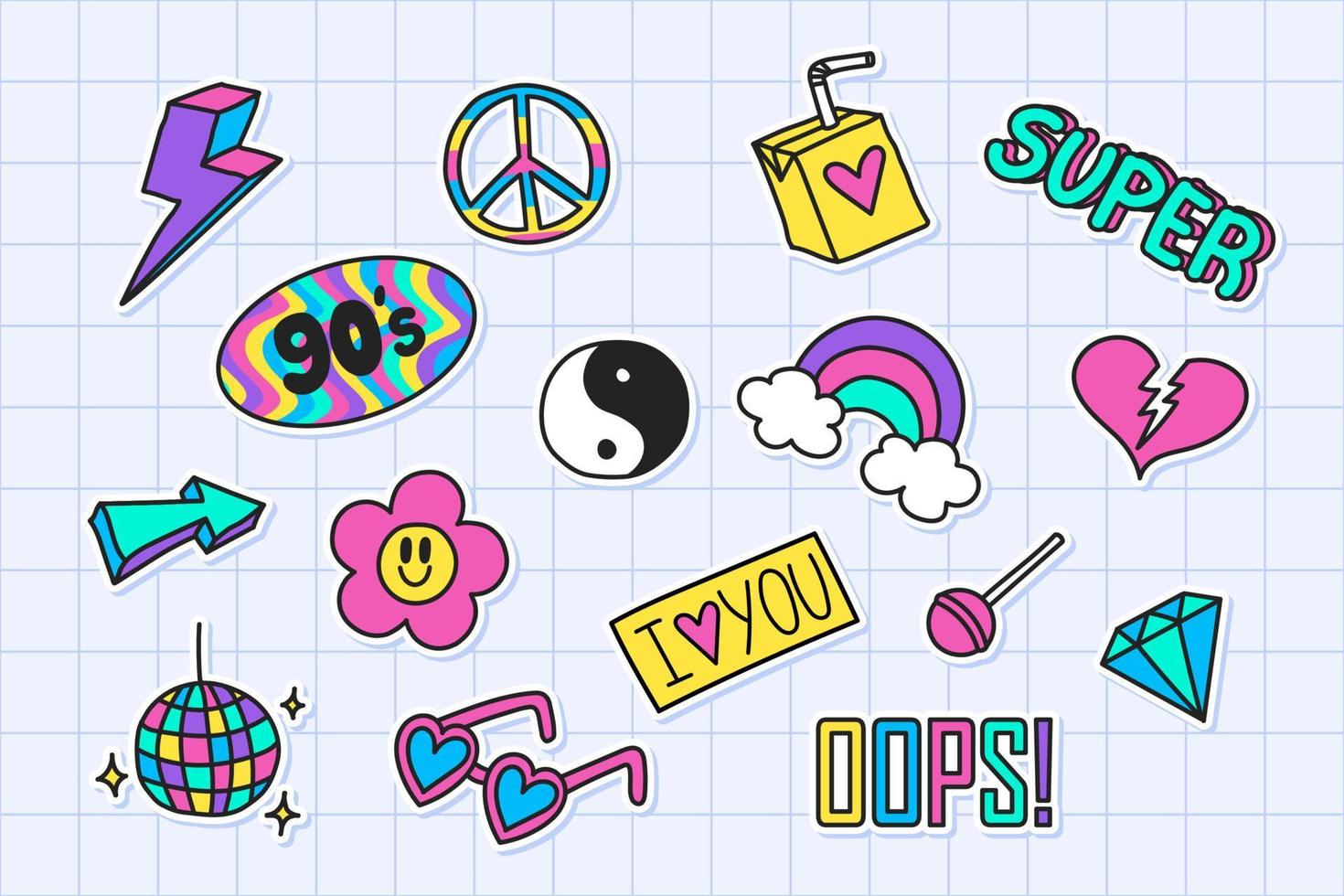 A set of hand-drawn elements in the fashionable style of the 90s, 2000s. Y2K stickers are suitable for printing. vector