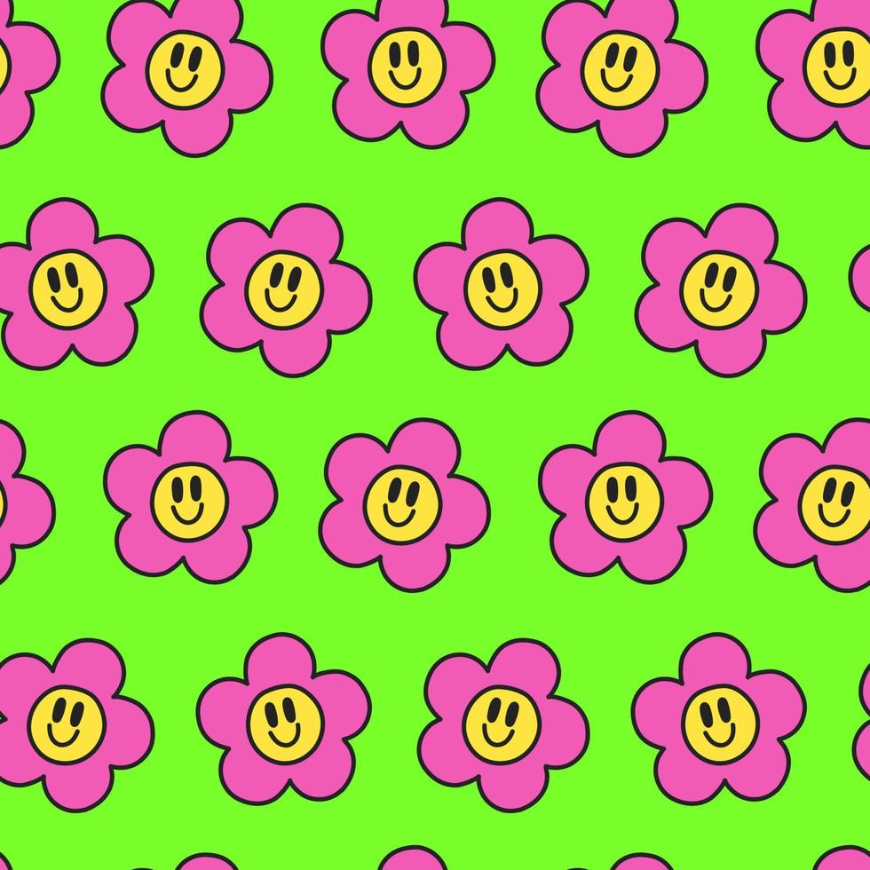 Seamless pattern in the fashionable style of the 90s, 2000s, Y2K. Acidic smiling flowers on a green neon background. vector