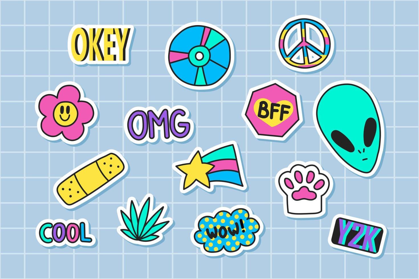 A set of hand-drawn elements in the fashionable style of the 90s, 2000s. Y2K stickers for school are suitable for printing. vector