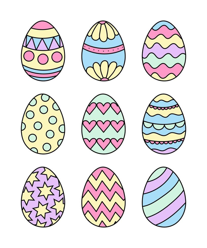 Hand drawn vector illustration isolated on white background. Set of 9 Easter eggs in pastel colors.