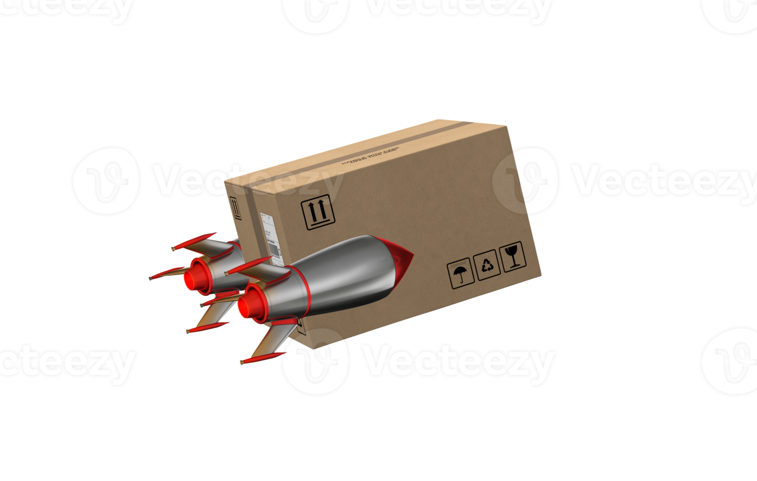 Carton box flies fast with rocket. concept of express and priority delivery png