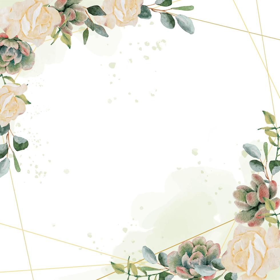 watercolor succulent and flower bouquet wreath gold frame square banner background vector