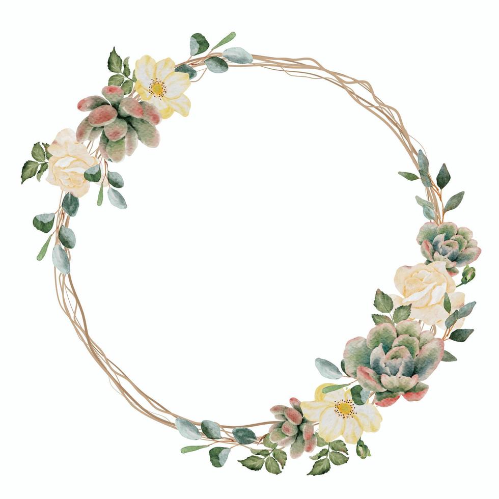 watercolor succulent pland and flower bouquet wreath frame isolated on white background vector