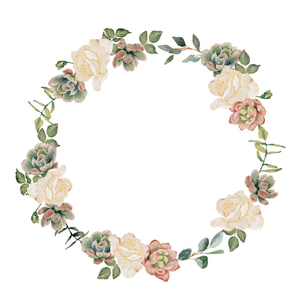 watercolor succulent pland and flower bouquet wreath frame isolated on white background vector