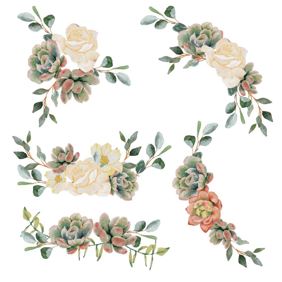 watercolor succulent and flower bouquet wreath frame vector