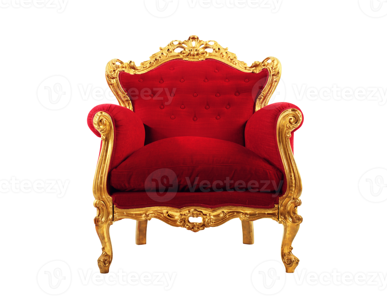 Comfortable and elegant golden armchair with red velvet cushions png