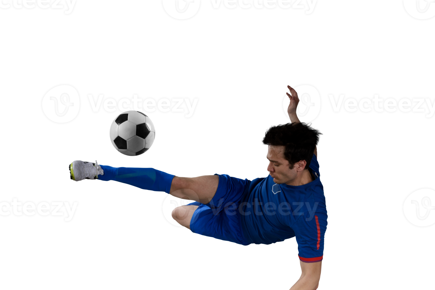 Close up of a football action scene with soccer  player kicks a soccerball png
