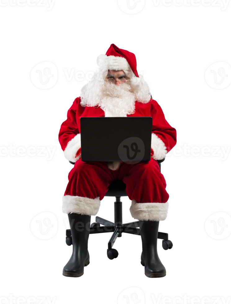 santa claus works with his laptop for christmas png