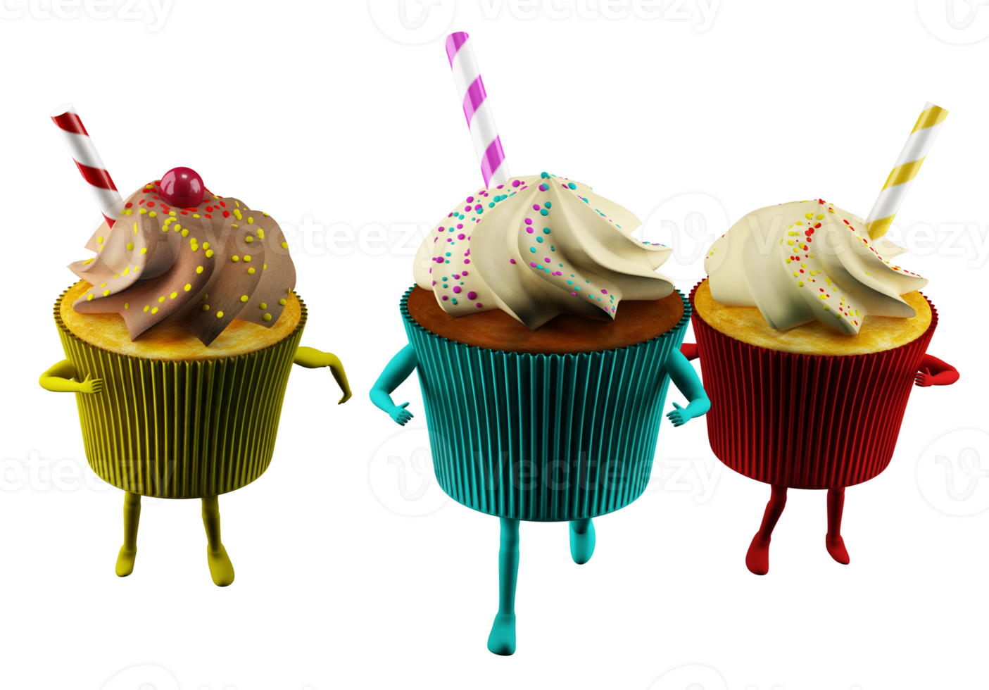 Fat cupcake with cream and candies run with legs and arms. 3d rendering png