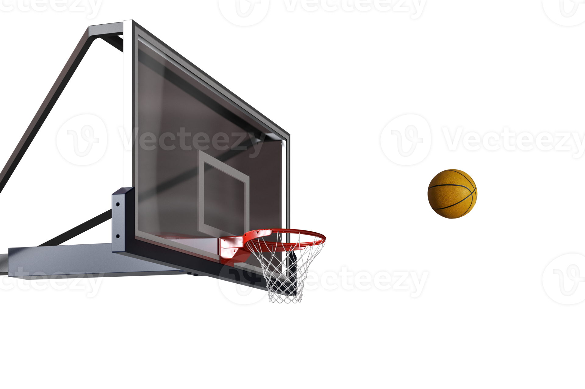 Basketball scene of a orange ball that is entering the basket. 3d
