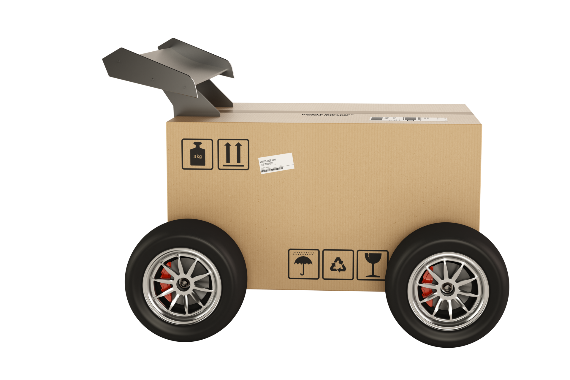 Cardboard package on a trolley with wheels. concept of fast and express