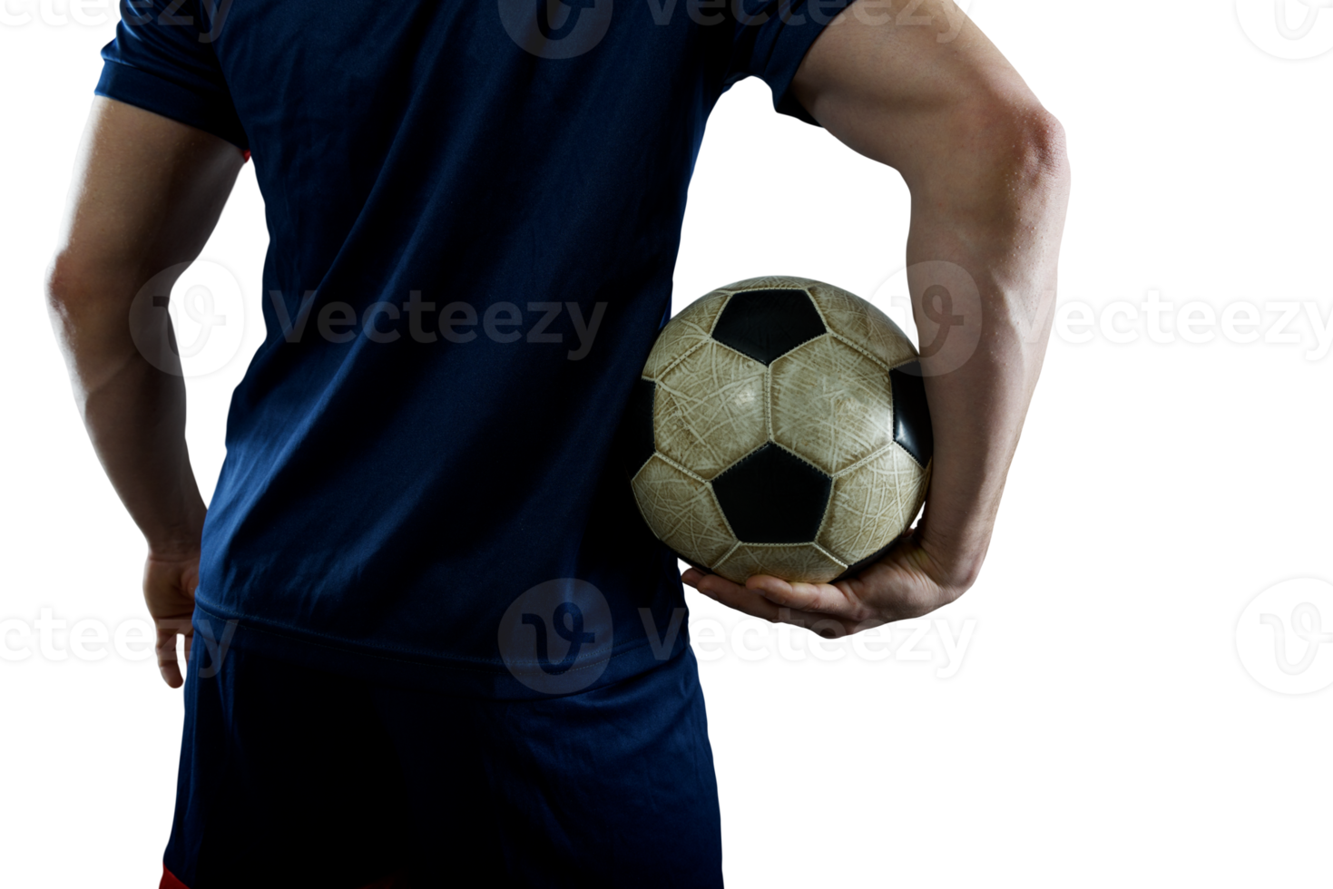 Football  player with blue uniform ready to play with soccerball png