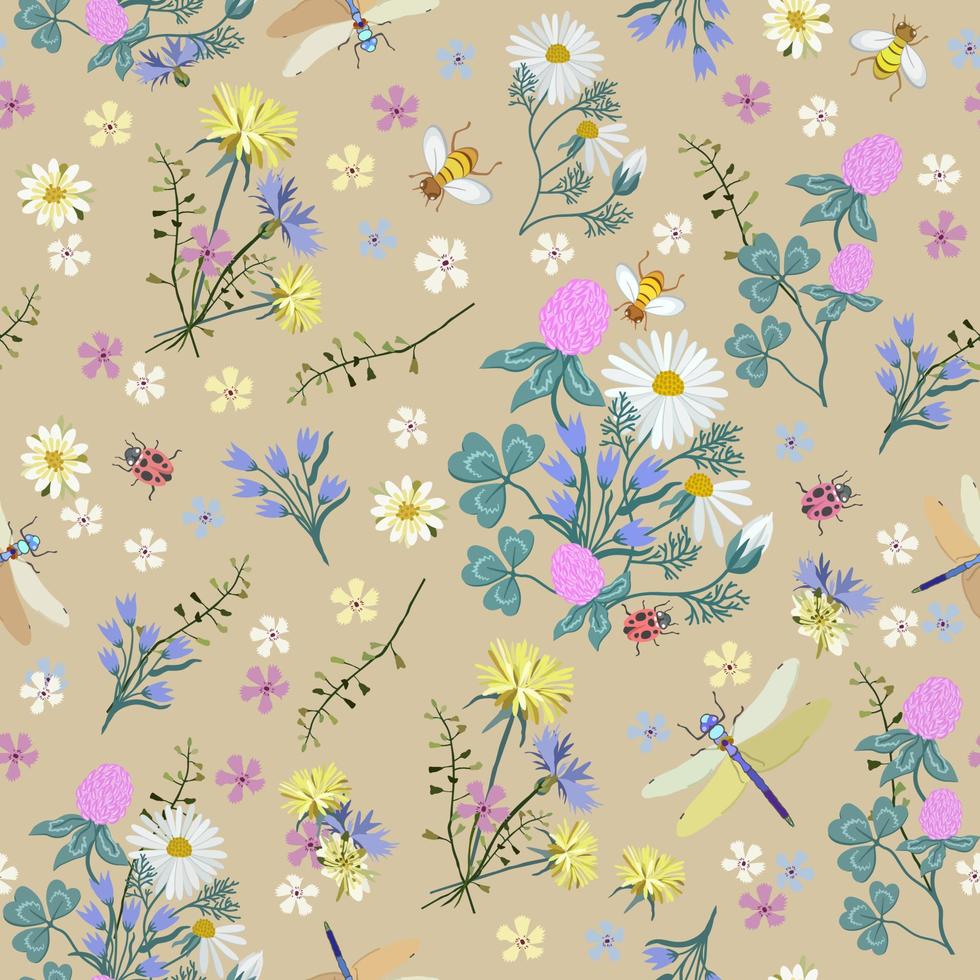 Vector seamless pattern with insects and flowers.