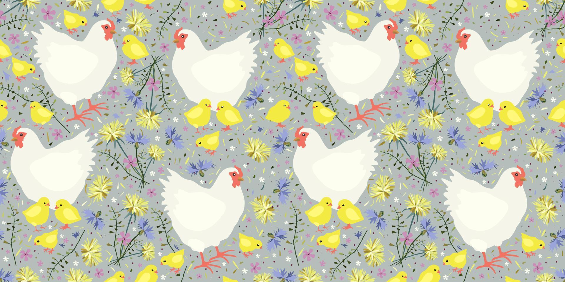Vector seamless pattern with hens and chicks on floral pastel background.