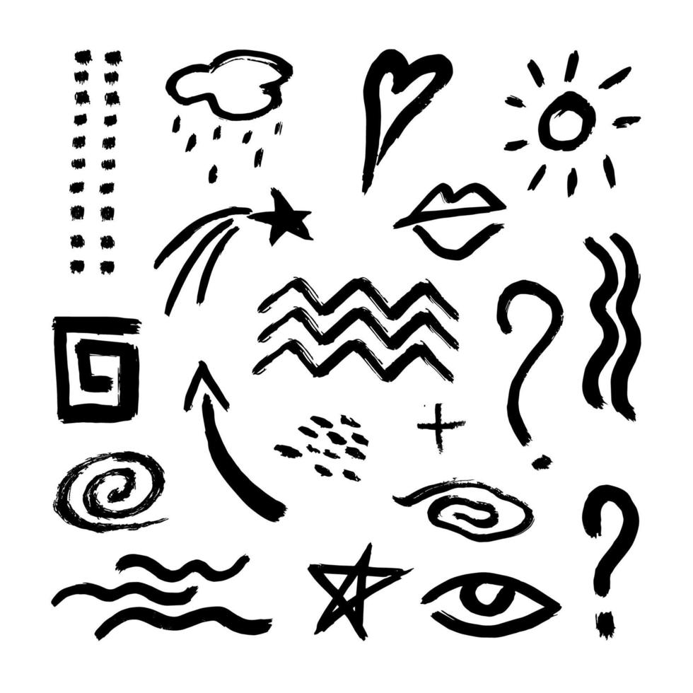 Hand-drawn dry brush imitation with signs and symbols. Abstract set with shapes. The figures are drawn with ink.Vector vector