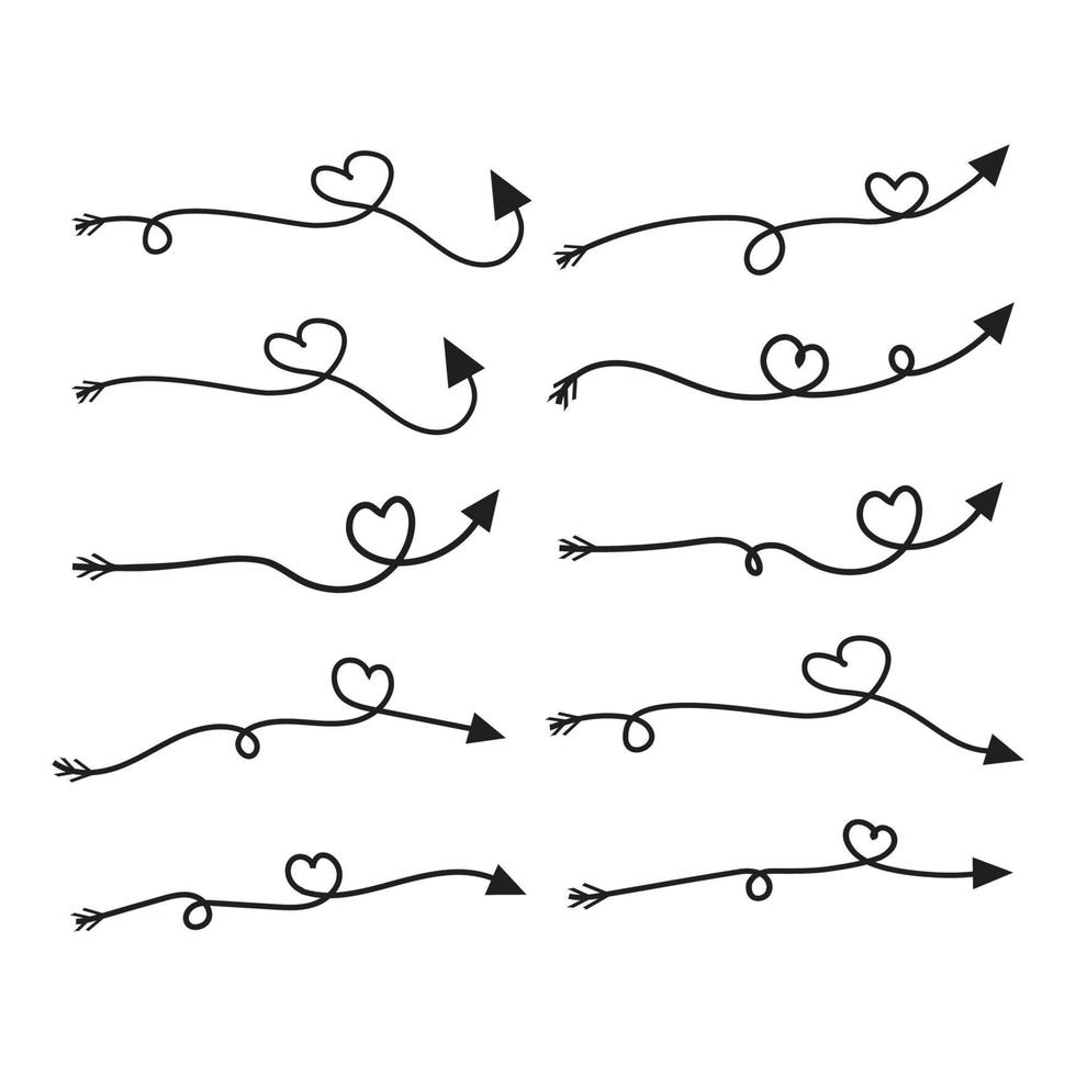 set of hand drawn lovely hearts style curved arrow vector art, Up, down, left, right direction black white background pen arrows icons, way symbol, design elements for t-shirt, poster, banner