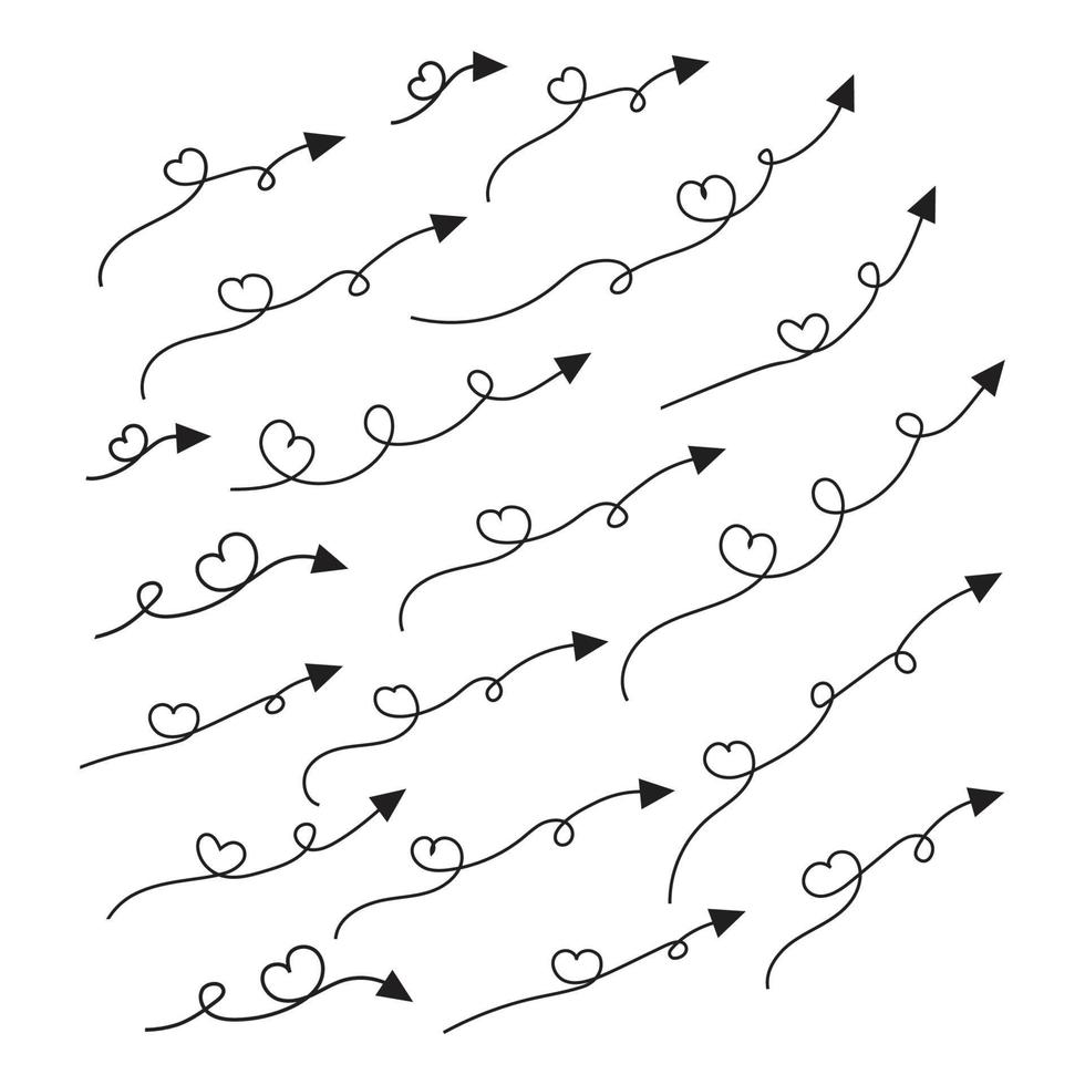 set of hand drawn lovely hearts style curved arrow vector art, Up, down, left, right direction black white background pen arrows icons, way symbol, design elements for t-shirt, poster, banner