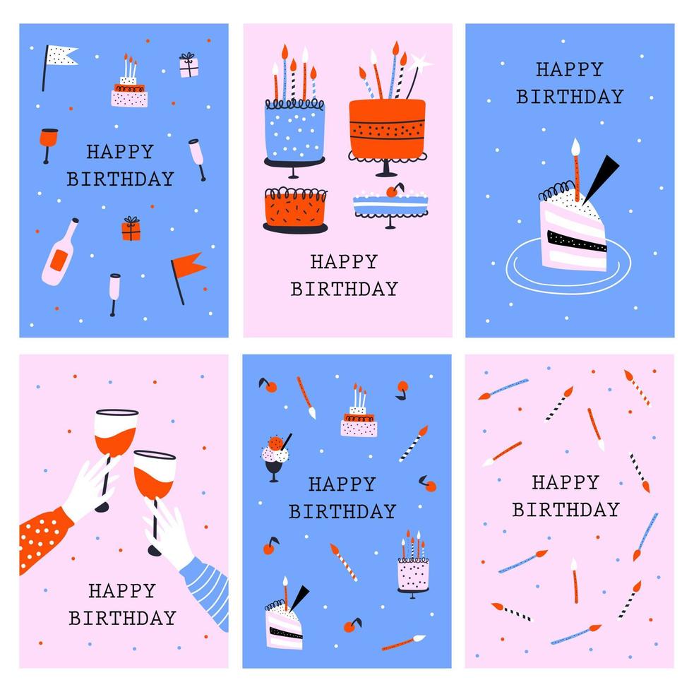 contento cumpleaños tarjeta con pastel. vector ilustraciones