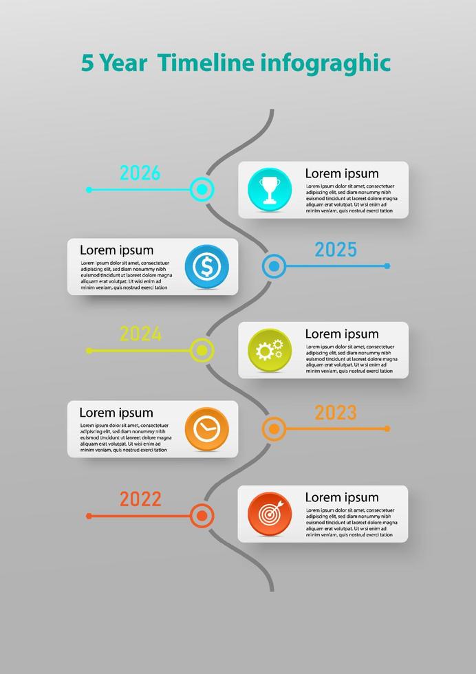 5 year timeline infographic vertical multi colored circles on a square with an icon in the center of the circle and a line with numbers. gray gradient background For business, planning, marketing vector