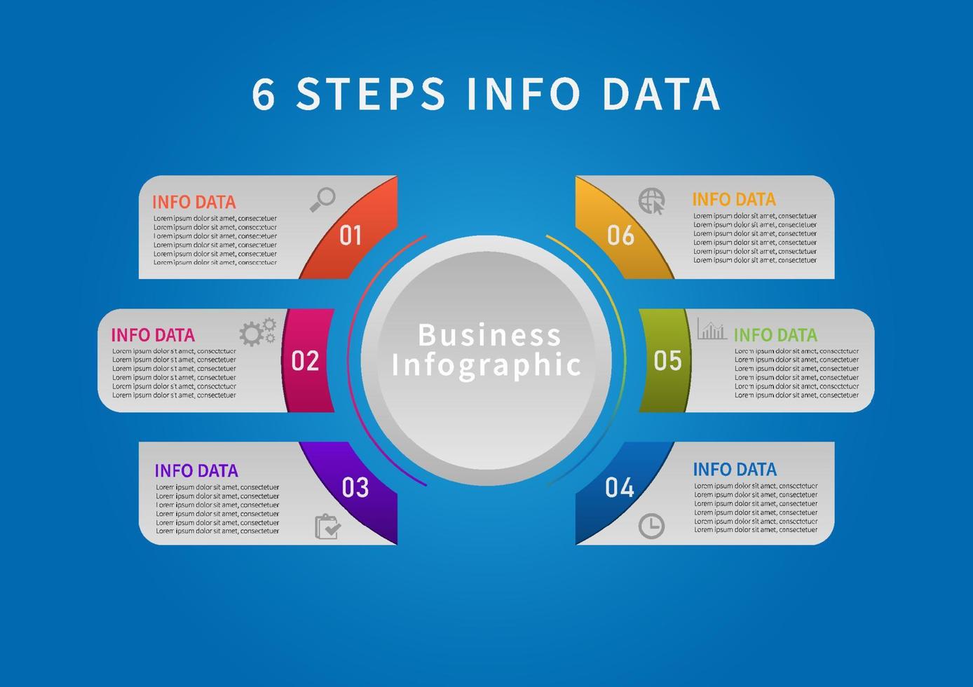 6 steps infographic Successfully finding business management information with a circle in the middle Icons and numbers on a blue gradient background. vector