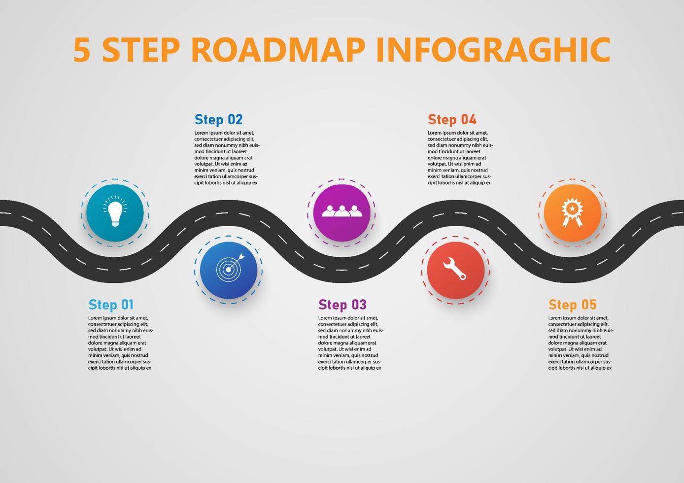 5 Step Roadmap Infographics Multi-colored circles have an icon in the center of the dotted circle. gray gradient background For business, planning, timeline vector