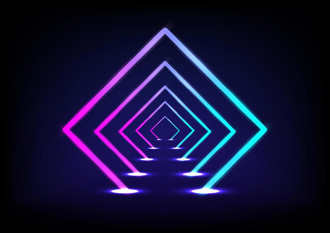 Abstract Technology Background Glowing pink and blue geometric tunnel Bottom corner with bright circles on gradient background. vector