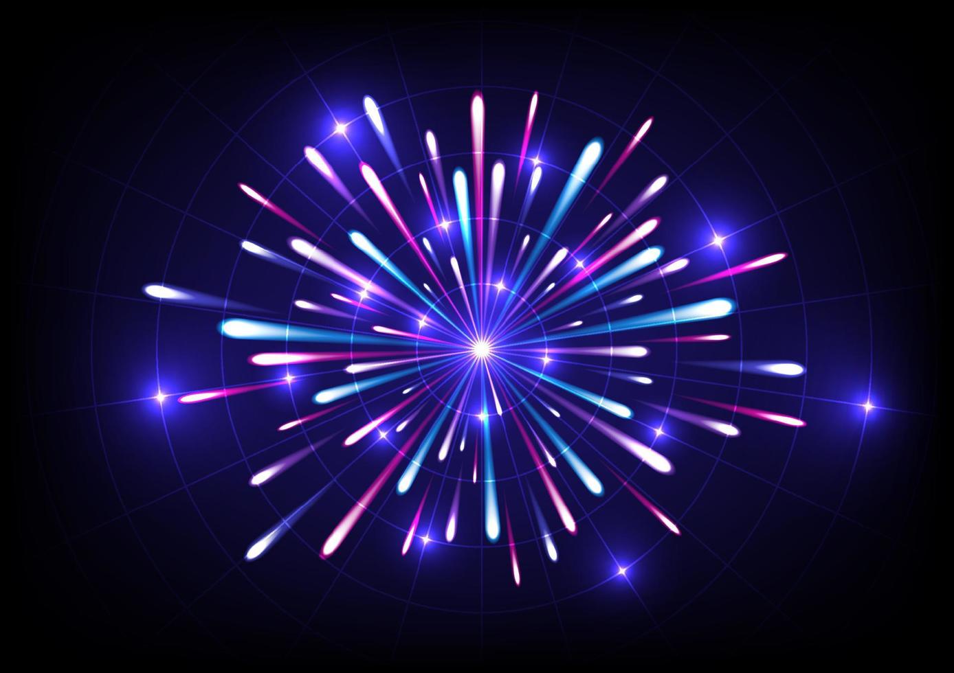 Abstract hi-tech backdrop There are bright multicolored glowing lights spread out from the center in a circle with polar grids and glowing dots in intersecting lines on a blue gradient background. vector