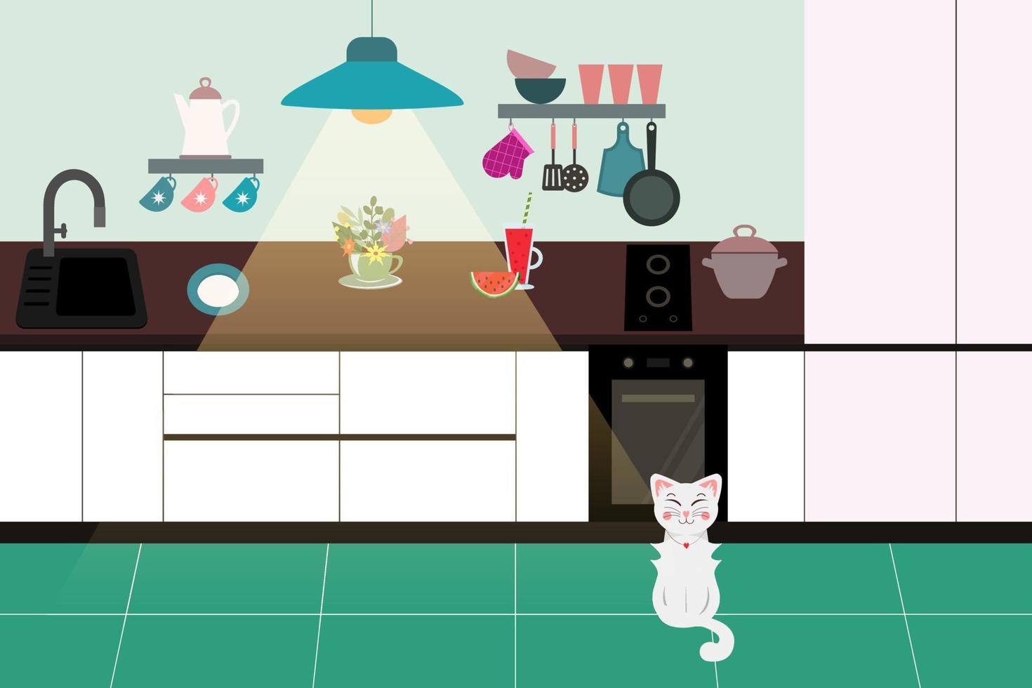 Home kitchen interior in minimalism style with cat. Vector illustration in flat design style.