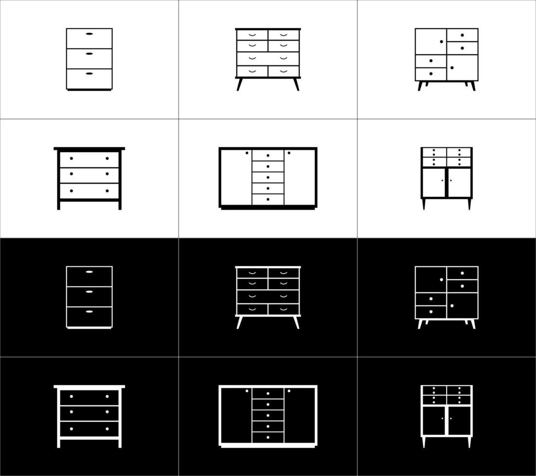 mueble vector lineal íconos colocar. aparadores negro y blanco.