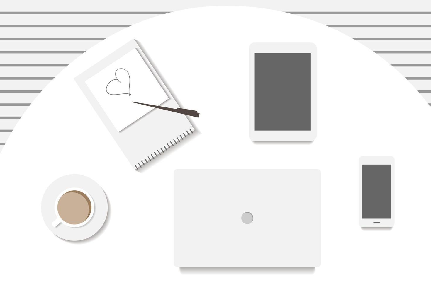 Business office desk with laptop, coffee cup, notebook, pencil and smartphone. Flat design vector illustration.