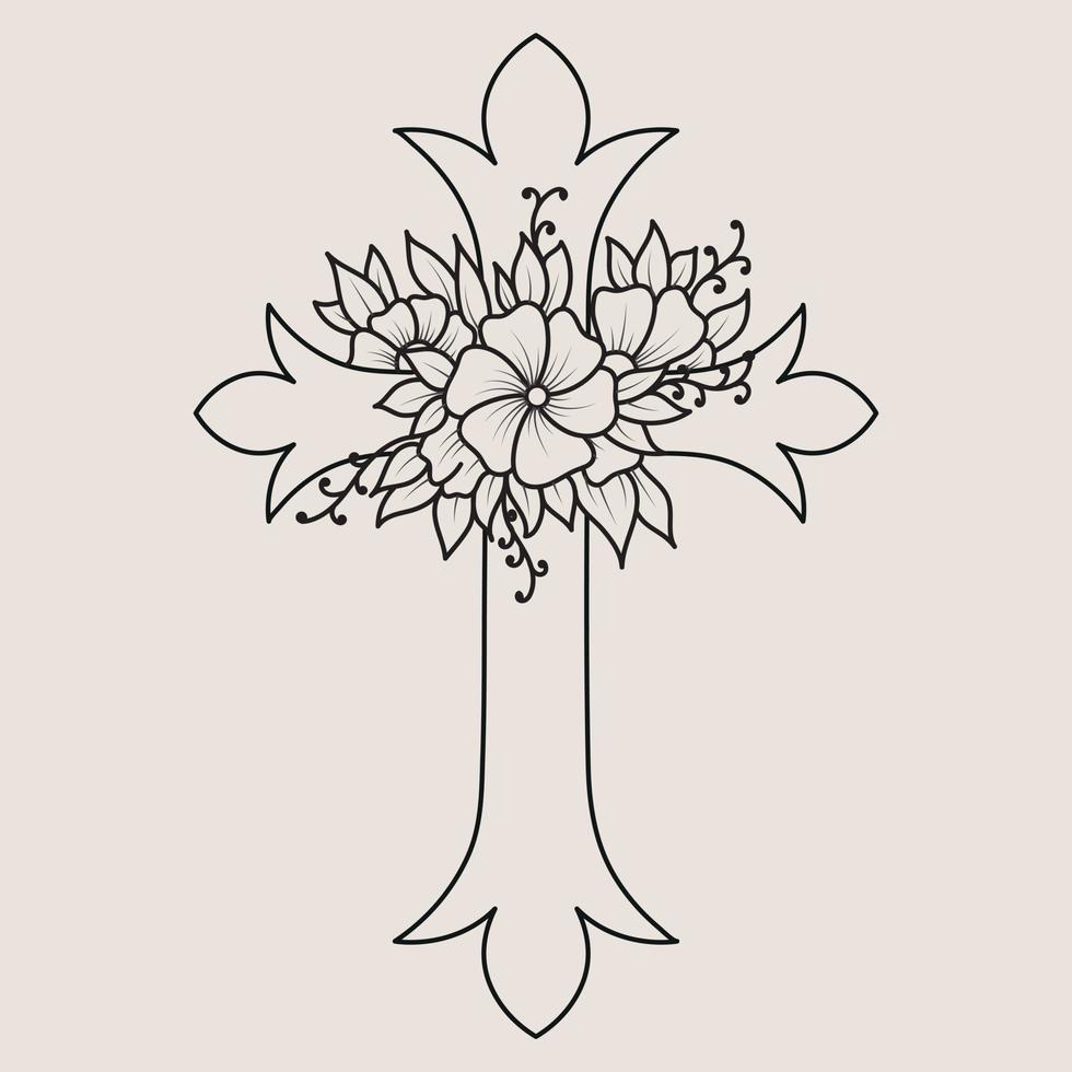 Cross With Flower Line Art Illustration vector