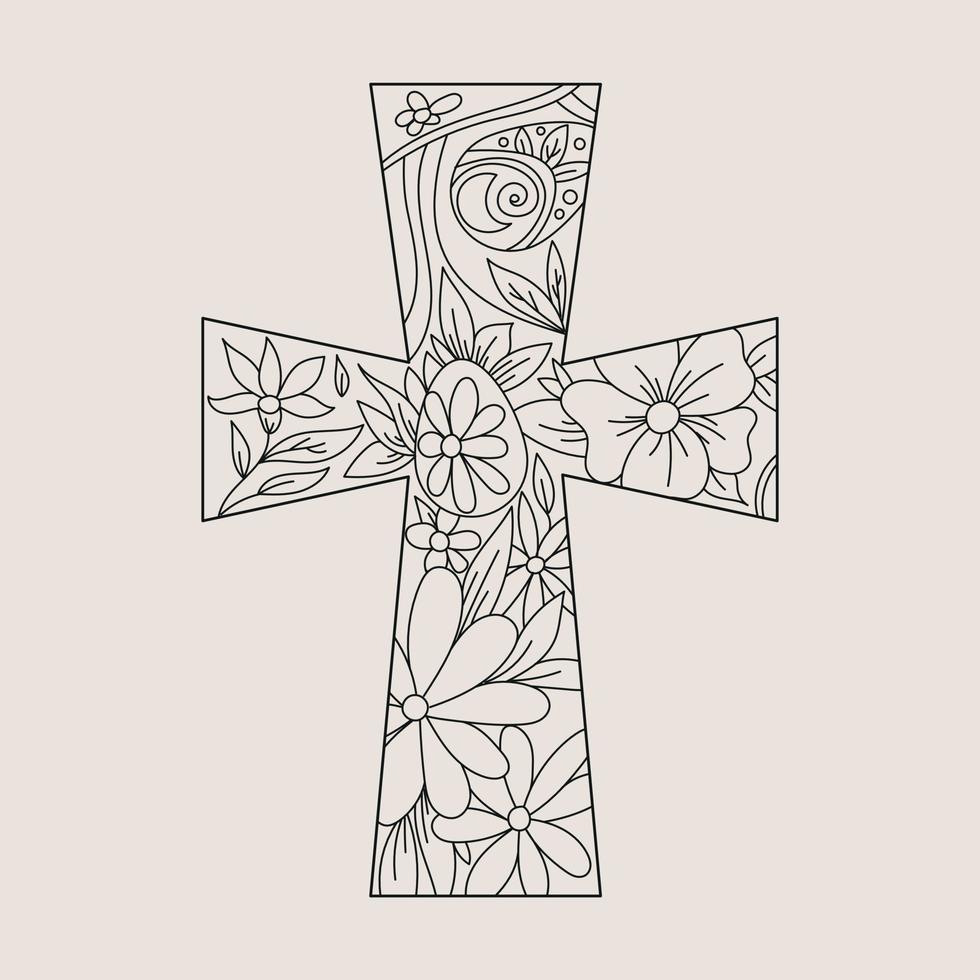 Cross With Floral Background Line art Illustration vector