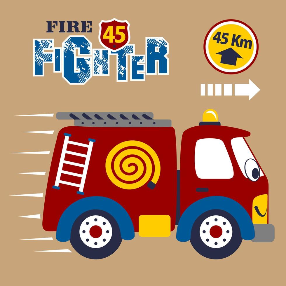 funny firetruck, vector cartoon illustration