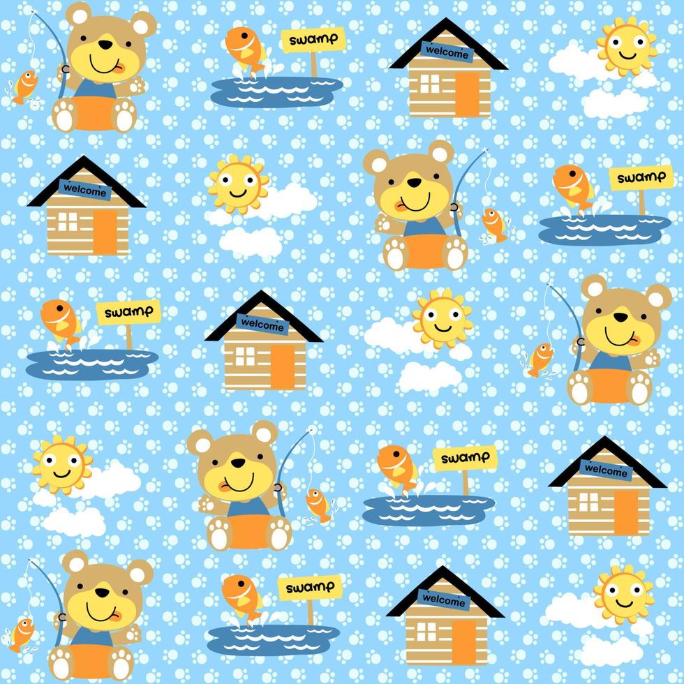 vector cartoon seamless pattern of cute bear fishing with fish in the swamp, sun on clouds with house on footpath background