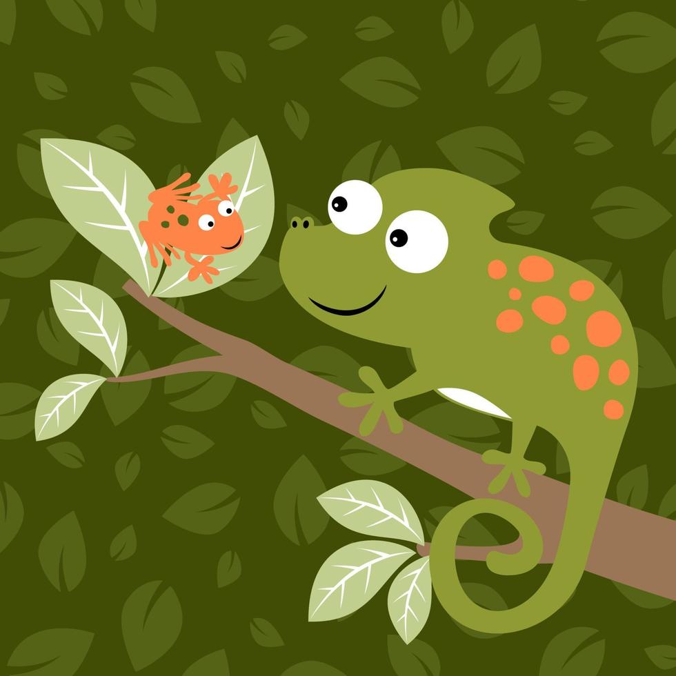 Funny chameleon with frog in tree branches on leaves background pattern, vector cartoon illustration