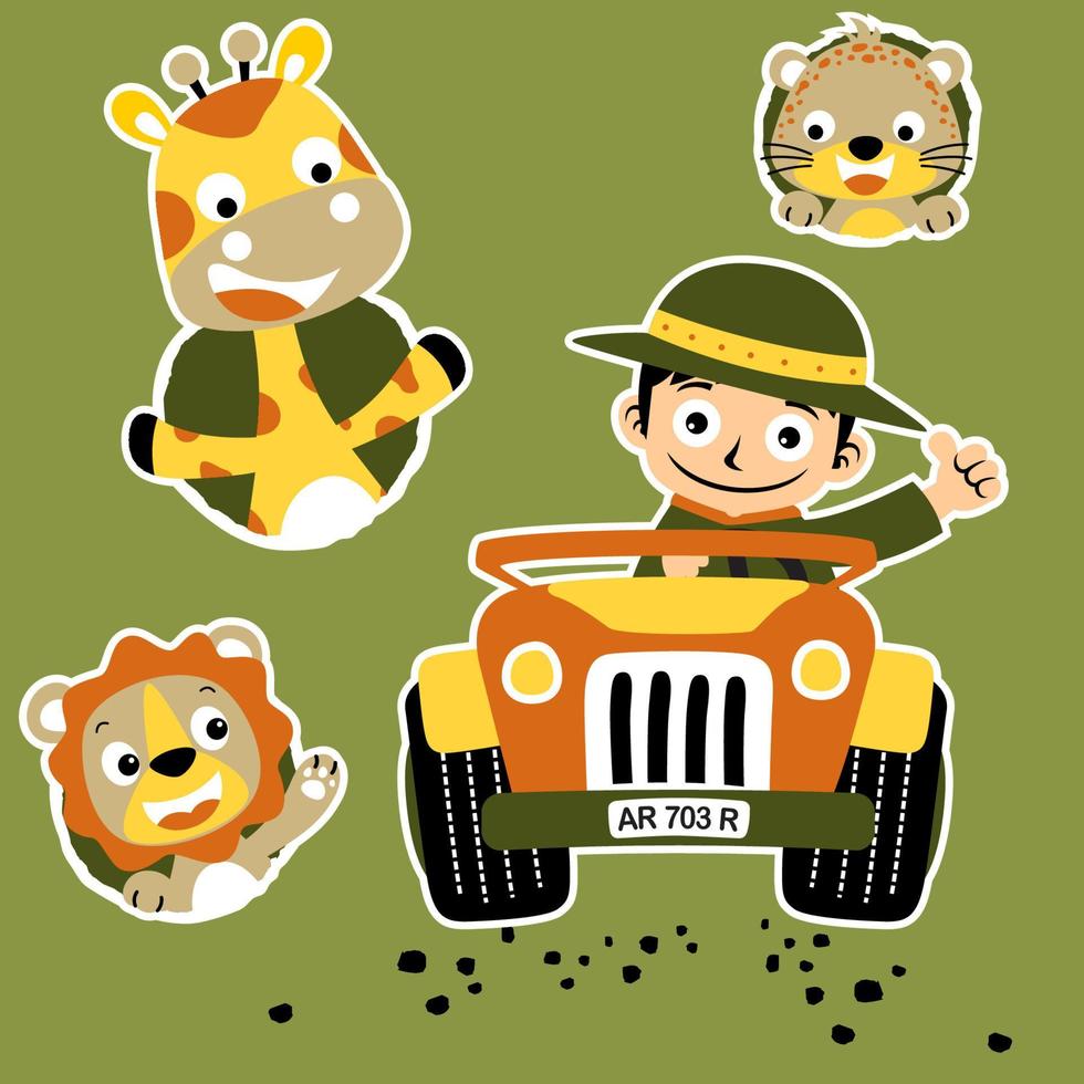 Boy driving a car with cute animals smiling face, vector cartoon illustration