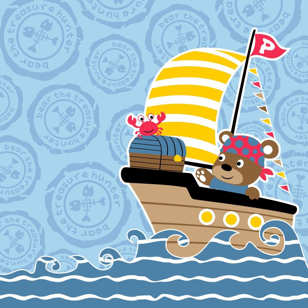 Cute bear with crab on sailboat with treasure chest, vector cartoon illustration
