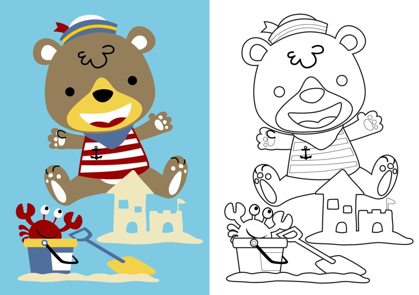 Vector cartoon of cute bear in sailor costume with crab build a sand castle. Coloring page or book