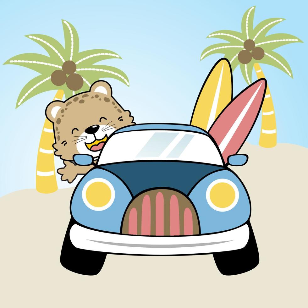 cute leopard on car in the beach, vector cartoon illustration