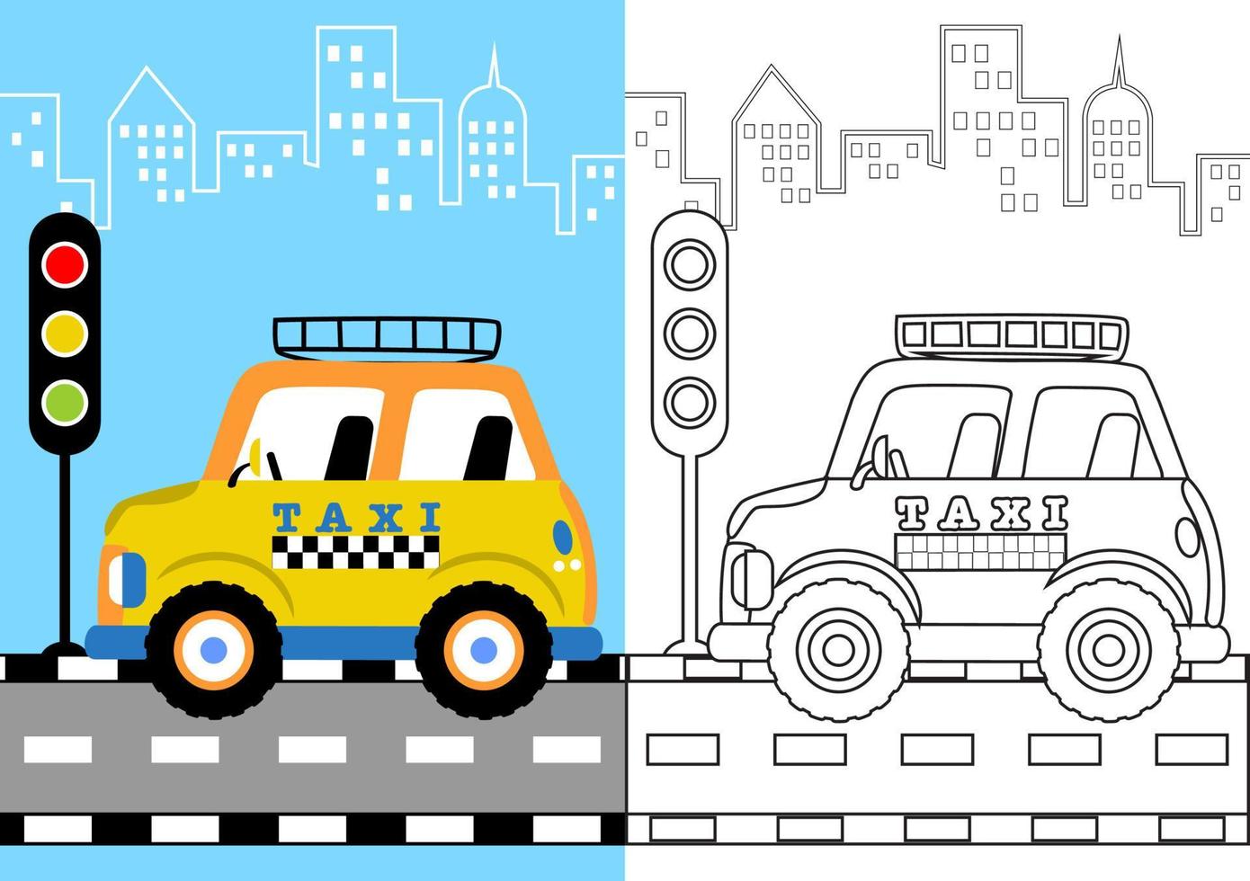 Vector cartoon of taxi in the road with stoplight on buildings background. Coloring page or book