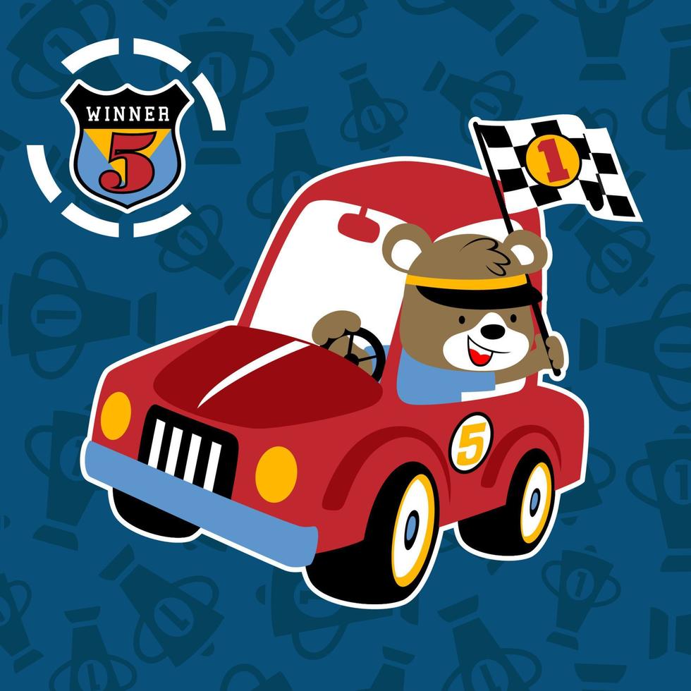 vector cartoon of funny bear on racing car holding finish flag with racing logo on trophy background pattern
