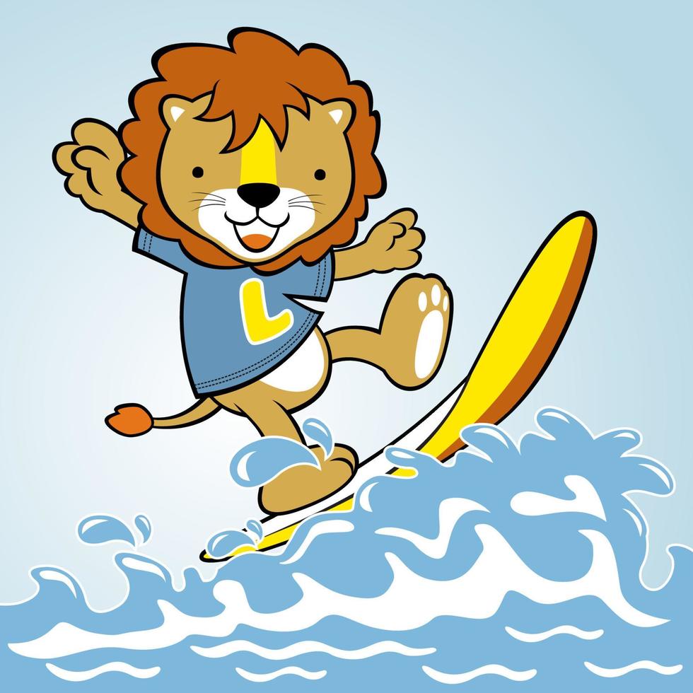 Funny lion surfing in the beach, vector cartoon illustration