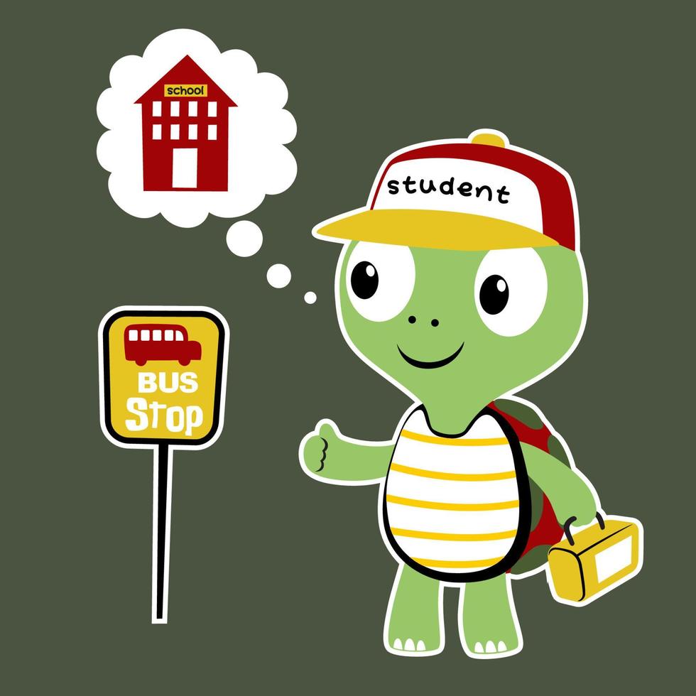 Cute turtle waiting for school bus in bus stop, vector cartoon illustration