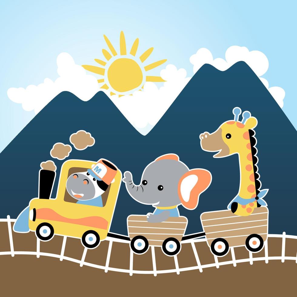 Vector cartoon of cute animals journey with steam train on mountains background
