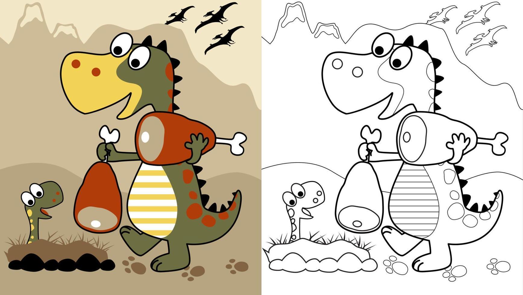 Funny dinosaur carrying meat for it cub, vector cartoon, coloring page or book