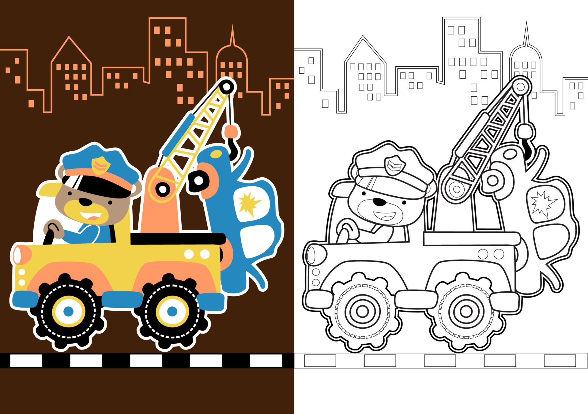Cute bear driving a tow truck towing broken car, vector cartoon